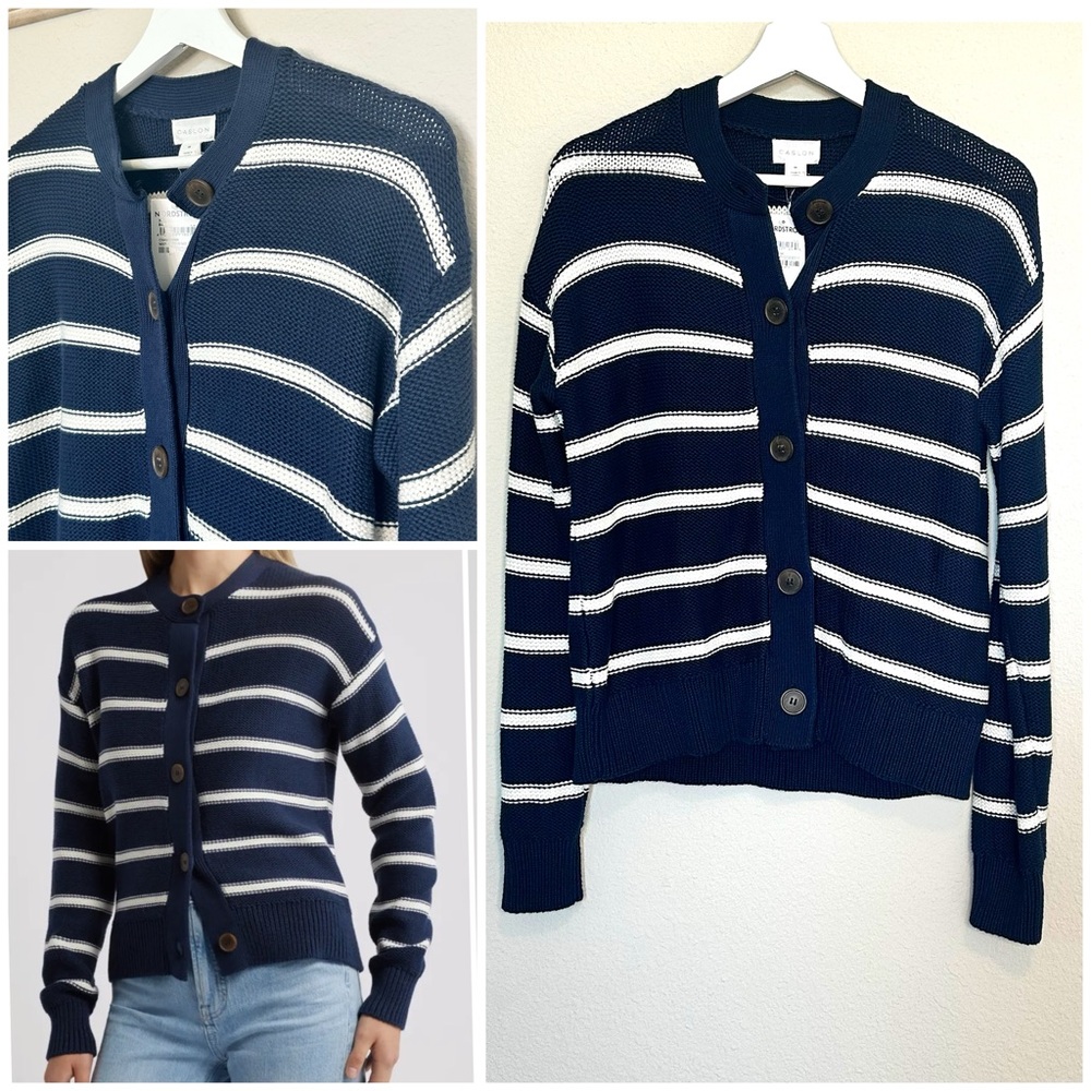Caslon 100% Pima Cotton knit Button Cardigan Navy & White